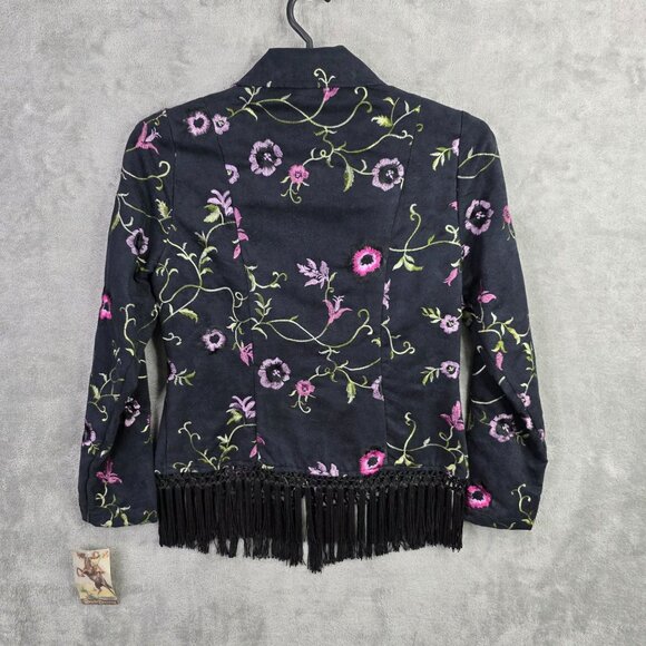 Womens Ranch Dressing Black Floral Embroidered Jacket Fringe Hem Polyester S - Picture 7 of 10